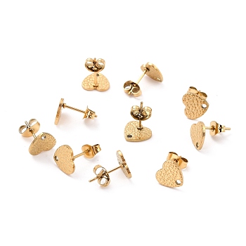 Ion Plating(IP) 304 Stainless Steel Stud Earring Findings, with Ear Nuts, Textured Heart, Real 18K Gold Plated, 12x9mm, Hole: 1.4mm, Pin: 0.7mm