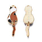 Eco-Friendly Alloy Enamel Pendants, Cadmium Free & Lead Free & Nickel Free, Light Gold, Cat, Sienna, 35x10x1.5mm, Hole: 1.6mm(X-ENAM-T011-84C-NR)