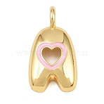 Brass Pendants, with Pearl Pink Enamel, Letter with Heart Charms, Cadmium Free & Lead Free, Rack Plating, Long-Lasting Plated, Real 18K Gold Plated, Letter A, 24x13x6.5mm, Hole: 3mm(KK-CBA3FD6-07A-G)