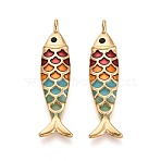 304 Stainless Steel and Enamel Pendants, Fish Charms, Ion Plating(IP), Real 18K Gold Plated, Colorful, 49x13x6mm, Hole: 3mm(STAS-T068-98G)