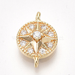 Brass Cubic Zirconia Links, Flat Round with Star, Clear, Nickel Free, Real 18K Gold Plated, 13x9x3mm, Hole: 1mm(KK-S350-312)