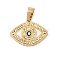 Ion Plating(IP) 304 Stainless Steel Enamel Rhinestone Pendants, Eye Charms, Real 18K Gold Plated, 16.5x22.5x2.5mm, Hole: 6.5x4mm(STAS-Q325-03D-G)