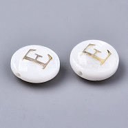 Natural Freshwater Shell Beads, with Golden Plated Brass Etched Metal Embellishments, Flat Round, Seashell Color, Letter.E, 8x3~5mm, Hole: 0.5~07mm(SHEL-S266-12E)