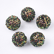 Acrylic Beads, Glitter Beads,with Sequins/Paillette, Round, Dark Green, 12x11mm, Hole: 2mm(SACR-T345-01A-03)