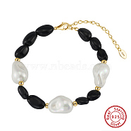 Natural Black Obsidian & Baroque Shell Pearl Beaded Bracelets, Adjustable 925 Sterling Silver Clasps Bracelets, Real 14K Gold Plated, 6-1/4 inch(15.8cm)(BJEW-L692-005G)