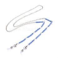 Eyeglasses Chains, Neck Strap for Eyeglasses, with Brass Rolo Chains, Glass Seed Beads, 304 Stainless Steel Lobster Claw Clasps and Rubber Loop Ends, Cornflower Blue, 31.29 inch(79.5cm)(AJEW-EH00060-03)