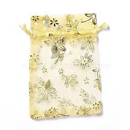 Organza Drawstring Jewelry Pouches, Wedding Party Gift Bags, Rectangle with Gold Stamping Flower Pattern, Champagne Yellow, 15x10x0.11cm(OP-I001-A03)