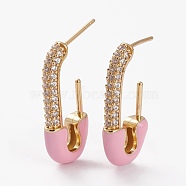 Brass Micro Pave Clear Cubic Zirconia Half Hoop Earrings, Stud Earrings, with Enamel, Long-Lasting Plated, Safety Pin, Pink, 24.5x11x3.5mm, Pin: 0.7mm(EJEW-C502-06G-C)