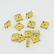 Brass Rhinestone Spacer Beads, Square, Nickel Free, Crystal, Golden Metal Color, Size: about 8x8x4mm, Hole: 1mm(X-RSB074NF-01G)
