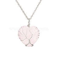 Natural Rose Quartz Heart Pendant Necklaces, Platinum Copper Wire Wrap Necklace, 20.47 inch(52cm)(PW-WG58330-06)