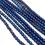 Electroplate Non-magnetic Synthetic Hematite Beads Strands, Faceted, Frosted, Round, Grade A, Blue Plated, 4mm, Hole: 1mm, about 100pcs/strand, 16 inch(G-J169C-4mm-03)