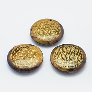 Natural Tiger Eye Pendants, Flat Round with Seed of Life/Sacred Geometry, 39x9.5mm, Hole: 1.5mm(G-O163-D02)