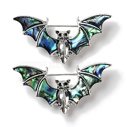 Tibetan Style Alloy Bat Brooch, with Natural Paua Shell and Rhinestone, Antique Silver, 31.5x65x11mm(JEWB-A021-01B-AS)