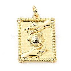 Brass Micro Pave Cubic Zirconia Pendants, with Jump Ring, Rectangle with Sun & Hand, Golden, 20.5x15x2mm, Jump Ring:5x0.7mm, 3.6mm Inner Diameter(KK-E036-04G)