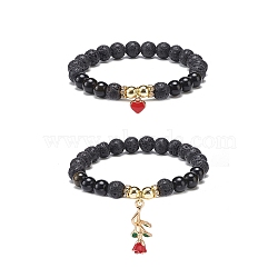 2Pcs 2 Style Style Natural Lava Rock & Golden Sheen Obsidian & Synthetic Hematite Stretch Bracelets Set, Alloy Enamel Rose & Heart Charms Bracelets for Women, Inner Diameter: 2-1/8~2-1/4 inch(5.25~5.65cm), 1Pc/style(BJEW-JB08734)