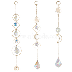 3Pcs 3 Styles Electroplate Glass Window Hanging Suncatchers, Golden Brass Sun with  Moon Pendants Decorations Ornaments, Clear AB, 193~253x28~35mm, 1pc/style(HJEW-CA0001-63)