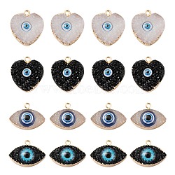 16Pcs 2 Style Druzy Resin Pendants, with Edge Light Gold Plated Iron Loops, Evil Eye & Heart with Evil Eye, Mixed Color, 17~23x19~23x5.5~7.5mm, Hole: 1.8~2mm, 8pcs/style(RESI-LS0001-17)