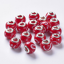 Handmade Lampwork European Beads, Large Hole Beads, with Silver Color Plated Brass Double Cores, Rondelle, Red, 14x11mm, Hole: 5mm(X-LAMP-S193-008A)
