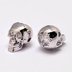 Brass Beads, Micro Pave Grade AAA Cubic Zirconia, Skull, Cadmium Free & Nickel Free & Lead Free, Real Platinum Plated, 12.5x9x10mm, Hole: 2mm(KK-G270-03-NR)