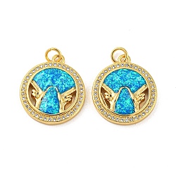 Brass Micro Pave Cubic Zirconia with Synthetic Opal Pendants, with Jump Ring, Flat Round with Gesture , Real 18K Gold Plated, 21.5x19x3.5mm(KK-D096-05A-01)