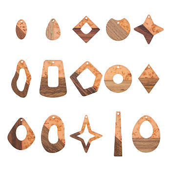 Fashewelry 30Pcs 15 Style Transparent Resin & Walnut Wood Pendants, with Gold Foil, Oval & Polygon & Teardrop & Flat Round & Star & Rhombus & Trapezoid, Mixed Color, 2pcs/style