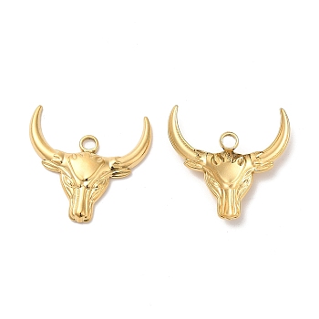 304 Stainless Steel Pendants, Cattle Head Charm, Real 18K Gold Plated, 24x25x3mm, Hole: 3mm
