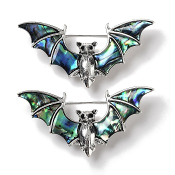 Tibetan Style Alloy Bat Brooches, with Natural Paua Shell and Rhinestone, Antique Silver, 31.5x65x11mm