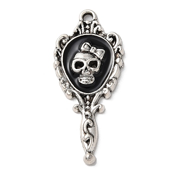 Alloy Enamel Pendants, Antique Silver, Mirror with Skull Charm, 35.5x15x3mm, Hole: 2mm