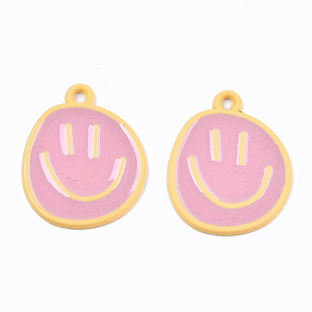 Spray Painted Alloy Pendants,  Cadmium Free & Lead Free, with Pink Enamel, Smiling Face, Gold, 24x20x1mm, Hole: 2mm