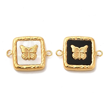 Vacuum Plating 304 Stainless Steel Connector Charms, with Black Acrylic & Shell, Square Links with Butterfly, Golden, 13x17x3mm, Hole: 1.5mm