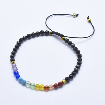 Natural Black Tourmaline Braided Bead Bracelets, with Mixed Gemstone and Nylon Cord, Faceted, 2-1/4 inch(5.7cm)~3-1/4 inch(8.3cm)