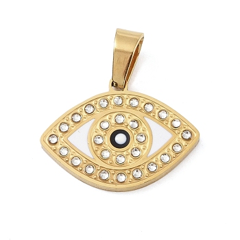 Ion Plating(IP) 304 Stainless Steel Enamel Rhinestone Pendants, Eye Charms, Real 18K Gold Plated, 16.5x22.5x2.5mm, Hole: 6.5x4mm