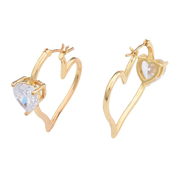 Cubic Zirconia Heart Hoop Earrings, Golden Brass Jewelry for Women, Nickel Free, Clear, 28x29x2mm, Pin: 0.8mm