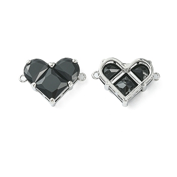 Brass Pave Cubic Zirconia Connector Charms, Heart Links, Real Platinum Plated, Black, 18.5x26x7.5mm, Hole: 1.6mm