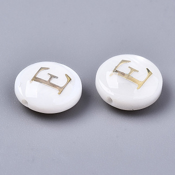 Natural Freshwater Shell Beads, with Golden Plated Brass Etched Metal Embellishments, Flat Round, Seashell Color, Letter.E, 8x3~5mm, Hole: 0.5~07mm