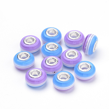 Resin European Beads, Large Hole Beads, with Silver Plated Brass Double Cores, Stripe, Rondelle, Medium Purple, 14x8~8.5mm, Hole: 5mm
