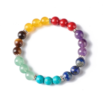 7 Chakra Healing Reiki Yoga Bracelet for Girl Women, Mixed Stone Round Beads Stretch Bracelet, Inner Diameter: 2-3/4 inch(6.85cm)