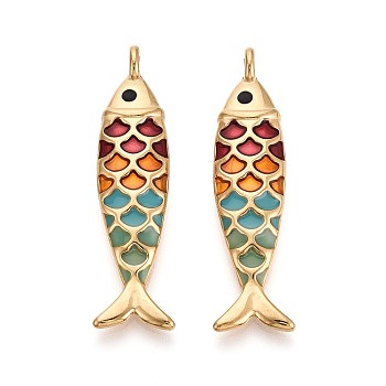 304 Stainless Steel and Enamel Pendants, Fish Charms, Ion Plating(IP), Real 18K Gold Plated, Colorful, 49x13x6mm, Hole: 3mm