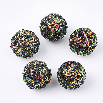 Acrylic Beads, Glitter Beads,with Sequins/Paillette, Round, Dark Green, 12x11mm, Hole: 2mm