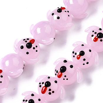 Handmade Lampwork Beads Strands, Dog, Pearl Pink, 13~14x18~19x15~16mm, Hole: 1.5mm, about 35pcs/strand, 18.31 inch(46.5cm)