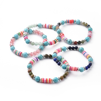 Stretch Bracelets, with Natural & Synthetic Gemstone Beads, Polymer Clay Heishi Beads and Alloy Spacer Beads, 2-1/8 inch(5.4cm)