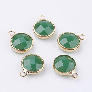 Golden Tone Brass Glass Flat Round Charms, Faceted, Sea Green, 14x10.5x5mm, Hole: 1.5mm