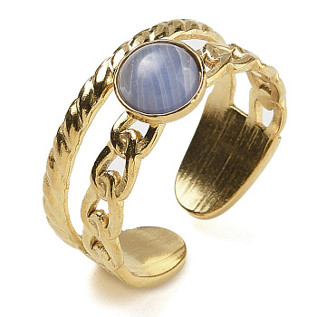 Synthetic Blue Lace Agate Finger Rings, 304 Stainless Steel Open Cuff Rings, Real 18K Gold Plated, 8.5mm, Adjustable