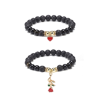 2Pcs 2 Style Style Natural Lava Rock & Golden Sheen Obsidian & Synthetic Hematite Stretch Bracelets Set, Alloy Enamel Rose & Heart Charms Bracelets for Women, Inner Diameter: 2-1/8~2-1/4 inch(5.25~5.65cm), 1Pc/style
