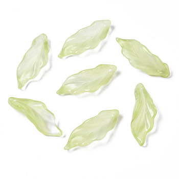 Transparent Spray Painted Glass Pendants, Leaf, Yellow Green, 33~34x12x7~9mm, Hole: 1.5mm
