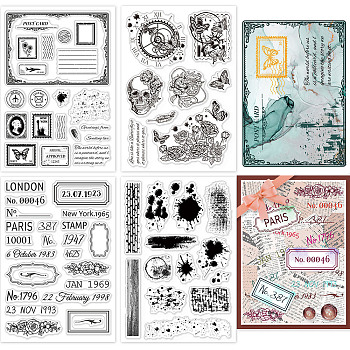 4 Sheets 4 Styles PVC Plastic Stamps, for DIY Scrapbooking, Photo Album Decorative, Cards Making, Stamp Sheets, Mixed Shapes, 16x11x0.3cm, 1 sheet/style