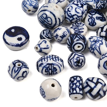 Handmade Porcelain Beads, Blue and White Porcelain, Geometric Pattern, Mixed Shapes, Dark Blue, 9~21x9~20x8~20mm, Hole: 1.5~2mm