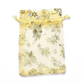 Organza Drawstring Jewelry Pouches, Wedding Party Gift Bags, Rectangle with Gold Stamping Flower Pattern, Champagne Yellow, 15x10x0.11cm