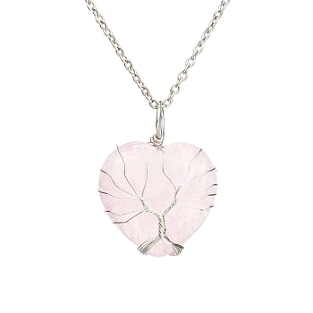 Natural Rose Quartz Heart Pendant Necklaces, Platinum Copper Wire Wrap Necklace, 20.47 inch(52cm)