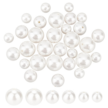 Elite 30Pcs 3 Sizes Shell Pearl Beads, Half Drilled Beads, Polished, Round, White, 6~10mm, Hole: 1~1.2mm, 10pcs/size